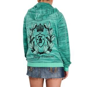 Y2K Juicy Couture Velour Teal Blue Zipper Hoodie Rhinestone Bling Large